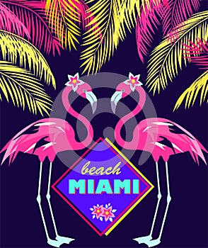 Funny invitation for night Miami beach party with fan-leaved palms, cut pair pink flamingo and frangipani flowers. Print for poste