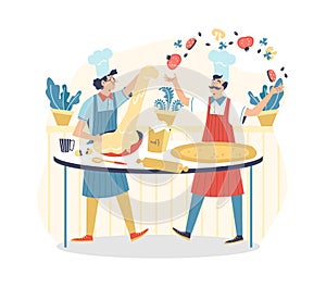 Funny italian chef cooks cooking pizza flat vector illustration isolated.