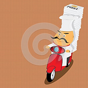 Funny italian chef delivering pizza on moped