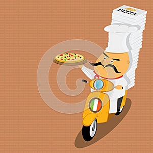 Funny italian chef delivering pizza on moped