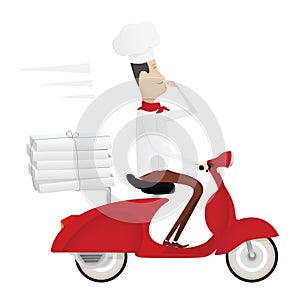 Funny italian chef delivering pizza on red moped