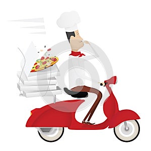 Funny italian chef delivering pizza on red moped