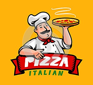 Funny italian chef with pizza. Restaurant cartoon emblem design