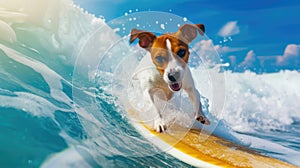 Funny Jack Russell dog surfs in ocean, happy pet surfer rides sea wave, animal in blue water in summer. Concept of sport, travel,