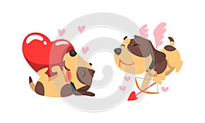 Funny Jack Russell Terrier Dog with Red Valentine Heart Vector Set