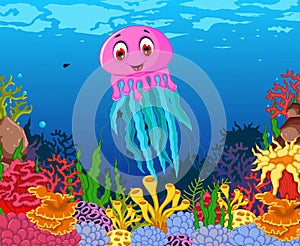 Funny jellyfish cartoon with beauty sea life background