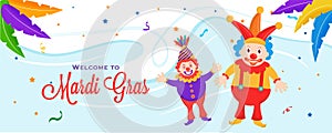 Funny jesters illustration on confetti abstract background.