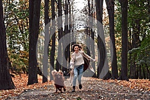 Funny jog with a dog in the autumn park. The owner runs with the dog on a leash, the dog has a funny face, and his ears fly in