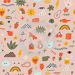 Funny and joyful contemporary pattern with animals, trippy characters and raw shape objects.