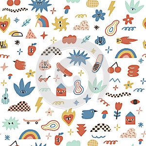 Funny and joyful contemporary pattern with animals, trippy characters and raw shape objects.