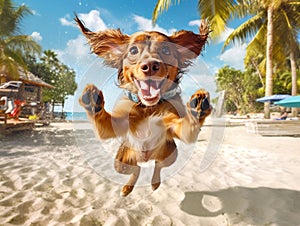 Funny joyful dog jumping and playing on tropical sand beach. Cool and happy holiday or vacation concept. Created with generative