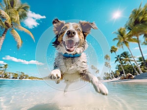 Funny joyful dog jumping to sea water on tropical beach. Cool and happy holiday or vacation concept. Created with generative Ai