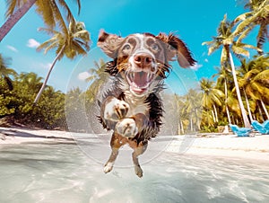 Funny joyful dog jumping to sea water on tropical beach. Cool and happy holiday or vacation concept. Created with generative Ai