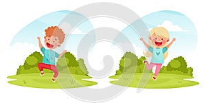 Funny Jumping Boy and Girl Character Having Fun Vector Illustration