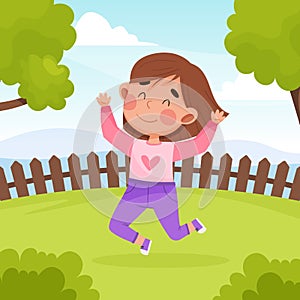 Funny Jumping Girl Character Having Fun Vector Illustration