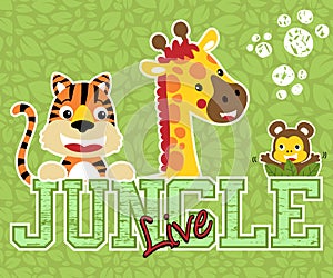 Funny jungle animals cartoon on leaves background