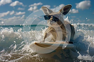 A funny kangaroo in sunglasses surfs while conquering the waves in the ocean