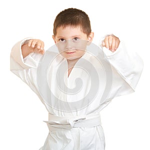 Funny karate kid raising hands