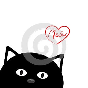 Funny Kawaii black cat with pink heart, cartoon pet isolated on white background. Can be used for valentine`s day greeting card