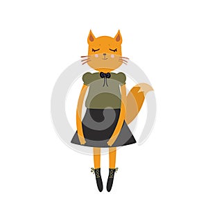 Funny Kawaii fox girl, closed eyes, pink cheeks, cartoon black khaki orange isolated on white background. Can be used for greeting