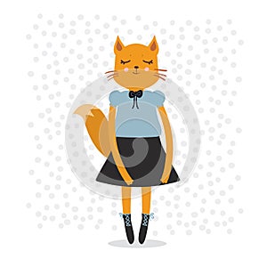 Funny Kawaii fox girl, closed eyes, pink cheeks, cartoon blue black orange isolated on white dot background. Can be used for