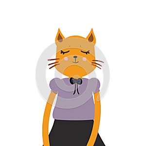 Funny Kawaii fox girl, closed eyes, pink cheeks, cartoon lilac black orange isolated on white background. Can be used for greeting