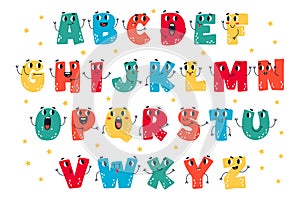 Funny kawaii letters alphabet creative typography design for children education vector illustration