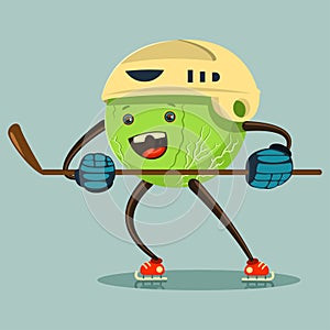 Funny kawaii vegetable are engaged in winter sports. Ice hockey. Vector cartoon illustration isolated on background