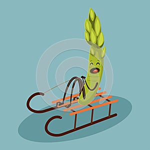 Funny kawaii vegetable are engaged in winter sports. Sledding. Vector cartoon illustration isolated on background