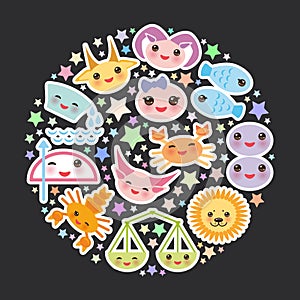 Funny Kawaii zodiac sign, astrological stiker set