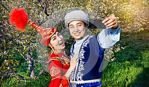 Funny Kazakh couple in the garden