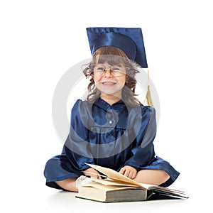 Funny kid in academician clothes with book