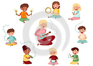 Funny Kid Characters Playing Flute and Keyed Xylophone at Music Lesson Vector Set
