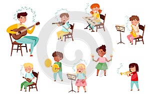 Funny Kid Characters Playing Violin and Saxophone at Music Lesson Vector Set