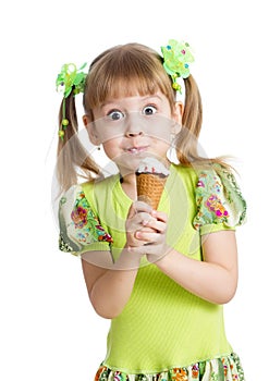 Funny kid girl eating ice cream isolated