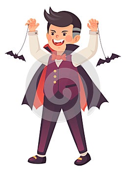 Funny kid in halloween costume. Vampire count outfit