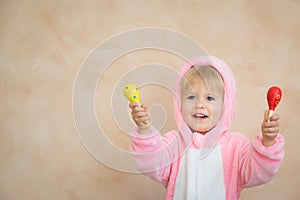 Funny kid wearing Easter bunny