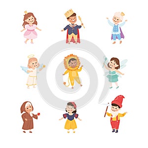 Funny Kids Actors in Theater Costumes Showing Performance Vector Set