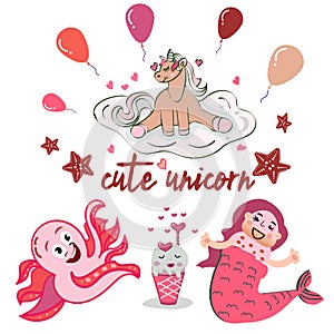 Funny kids background with a composition of a cute unicorn - mermaid , octopus, decor in a vector.