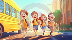 Funny kids with backpacks running and laughing to camera yellow school bus on background. Back to school. Generative Ai