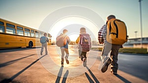 Funny kids with backpacks running to yellow school bus on background. Back to school. Generative Ai