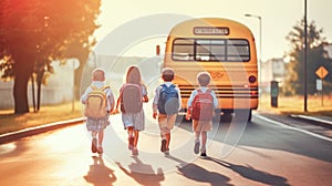 Funny kids with backpacks running to yellow school bus on background. Back to school. Generative Ai