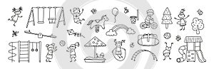 Funny kids and children playground. Swing, slide, teeter and sandbox in doodle style. Kid drawing of play ground