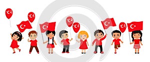 Funny kids of different hairstyles with flags. graphic design to the Turkish holiday