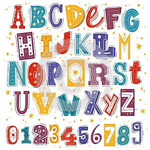 Funny kids font. Comic childish latin letters and arabic numbers, creative bright colorful english cute alphabet