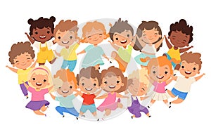 Funny kids group. Happy faces expressions, positive multicultural children, fun smiling friends portrait isolated vector