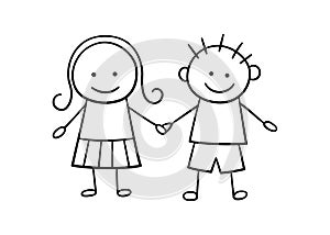 Funny kids holding hands. Friendship concept. Happy cute doodle children. Boy and girl holding hand. Vector illustration