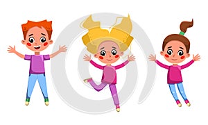 Funny kids jumping. Happy girls and boy having fun together cartoon vector illustration