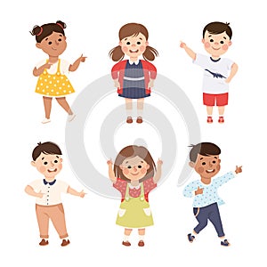 Funny Kids Pointing at Something with Extending Hand and Index Finger Vector Set