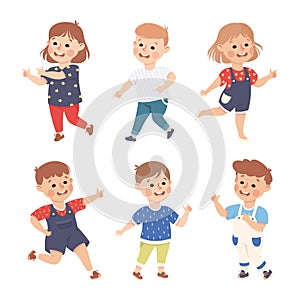 Funny Kids Pointing at Something with Extending Hand and Index Finger Vector Set